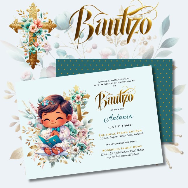 Elegant BAUTIZO Turquise Guld Blommigt Kor Inbjudningar (Skapare uppladdad)