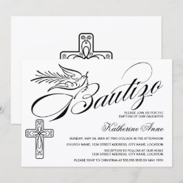 Elegant Bautizo Vintage Script Kors och Duva Inbjudningar