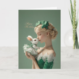 Elegant BDay Card with Lady & White Bunny in Lace Kort