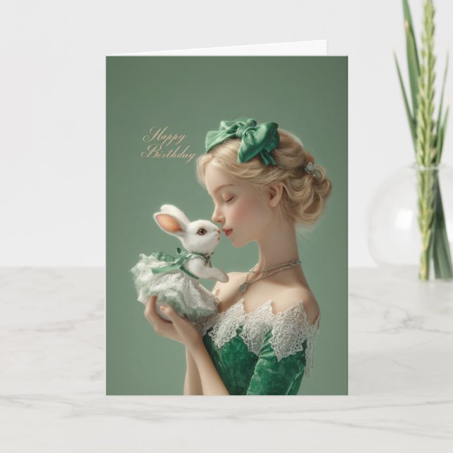 Elegant BDay Card with Lady & White Bunny in Lace Kort (Framsida)