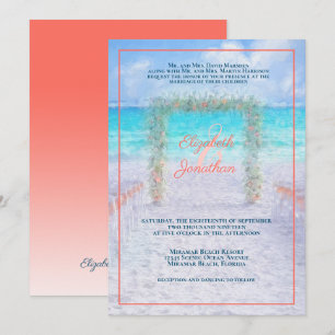 Elegant Beach Arbour Blue Coral Ombre Bröllop Inbjudningar