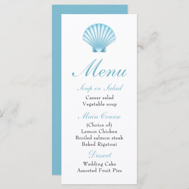 Elegant Beach Blue Nautical Seashell Bröllop Menu Meny (Fram/baksida)
