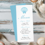 Elegant Beach Blue Nautical Seashell Bröllop Menu Reklamkort<br><div class="desc">Förbättra din strandbröllops elegans med den här vackert designade menyn, som är försedd med mjuka blå segeler och nautiskt inspirerade detaljer. Den här designen är perfekt för avrinningsområden, oceanfront-middagar eller sommarsemestrar, och ger dig en lite förfinad kustcharm i firande. Anpassade med ert utvalda kurser, det lovar en artig och minnesvärd...</div>