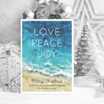 Elegant Beach Christmas Holiday Card Julkort<br><div class="desc">Warm tropical beach themed christmas cards featuring a beautiful watercolor painting of golden sand & the aqua blue ocean,  the words 'love,  peace,  joy',  your seasons greetings,  and family name.</div>