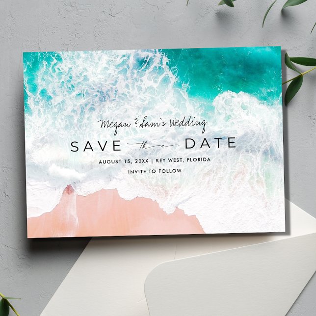 Elegant Beach Destinationsbröllopsfoto Spara Datumet (Elegant Beach Destination Wedding Photo Save The Date)