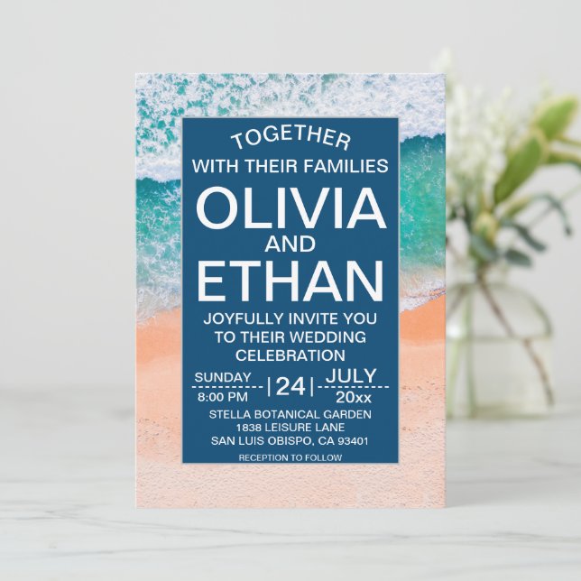 Elegant Beach Navy Blue Sea Vinkara Sommaren Bröll Inbjudningar (Stående Fram)