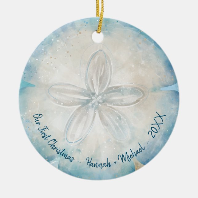 Elegant Beach Photo Watercolor Sand Dollar Julgransprydnad Keramik (Framsidan)