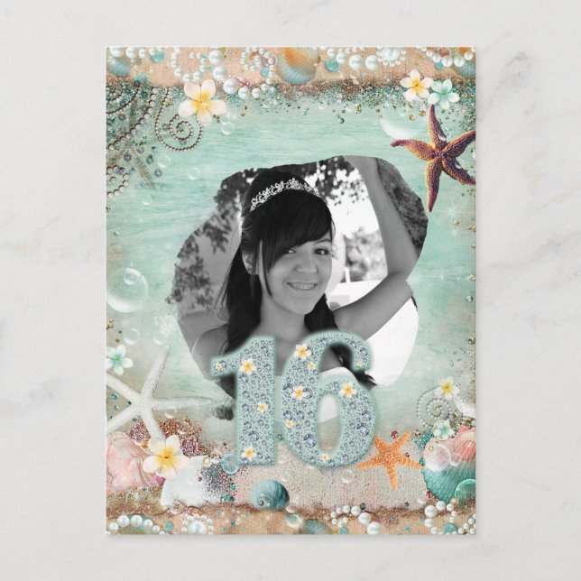 Elegant Beach Sea Starfish Pearls 16:e födelsedage Meddelande Vykort (Framsida)