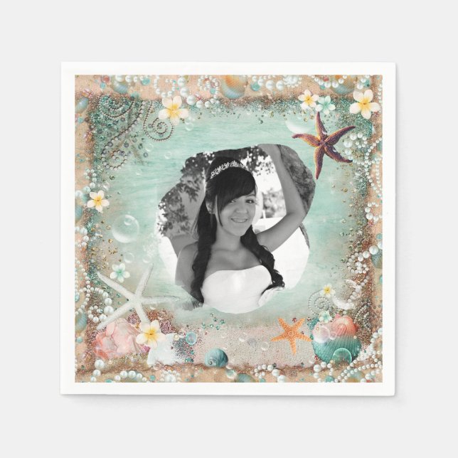 Elegant Beach Sea Starfish & Pearls Party Photo Pappersservett (Framsidan)
