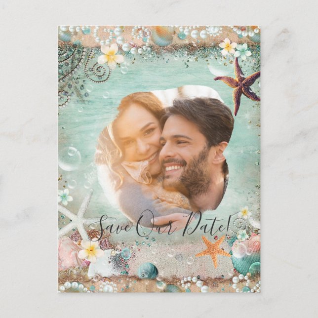 Elegant Beach Sea Starfish Pearls Spara Date Photo Meddelande Vykort (Framsida)