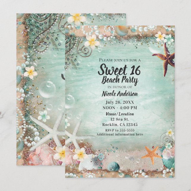 Elegant Beach Sea Starfish & Pearls Sweet 16 Party Inbjudningar (Fram/baksida)