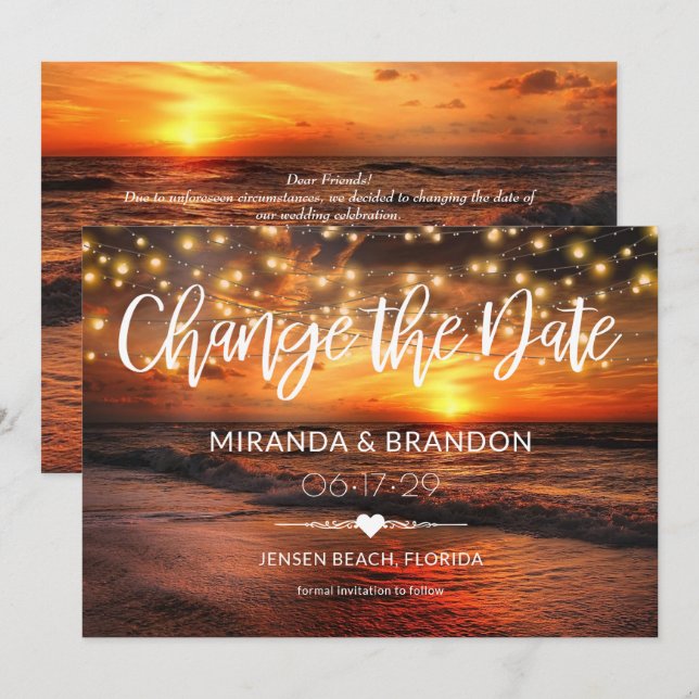 Elegant Beach Summer Bröllop Ändra datumkort Inbjudningar (Fram/baksida)