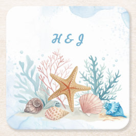 Elegant Beach-themed Coastal Wedding Underlägg Papper Kvadrat