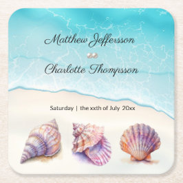 Elegant Beach Wedand Seashells Pearls Nautical Underlägg Papper Kvadrat