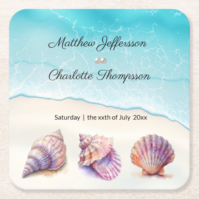 Elegant Beach Wedand Seashells Pearls Nautical Underlägg Papper Kvadrat (Framsidan)