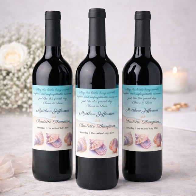 Elegant Beach Wedand Seashells Pearls Nautical Vinflaska Etikett (Skapare uppladdad)