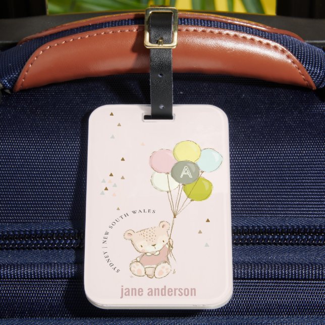 Elegant  Bear Balloon Girly Monogram Bagagebricka (Framsida Insitu 2)