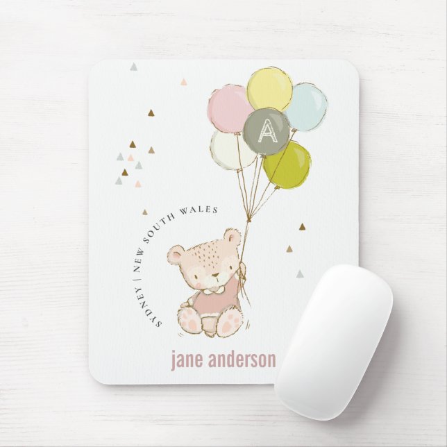 Elegant  Bear Balloon Girly Monogram Musmatta (Med mus)
