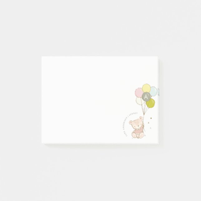 Elegant  Bear Balloon Girly Monogram Post-it Block (Framsida)