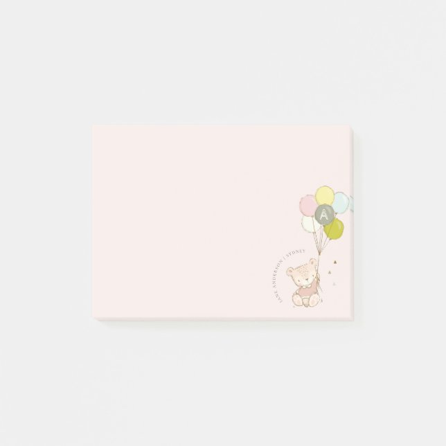 Elegant  Bear Balloon Girly Monogram Post-it Block (Framsida)
