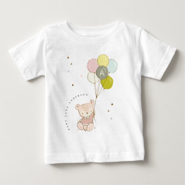 Elegant  Bear Balloon Girly Monogram T Shirt (Framsida)