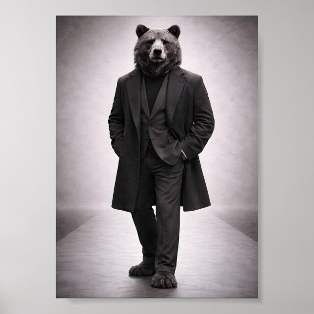 Elegant Bear in Classic Dark Suit Portrait Poster (Framsidan)