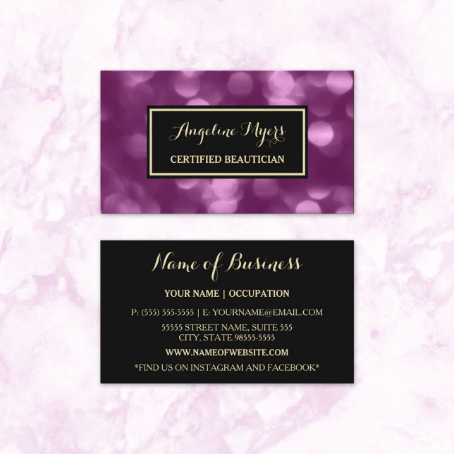 Elegant Beautician Glamous Lila Luxe Bokeh Visitkort (Elegant Beautician Glamorous Purple Luxe Bokeh Business Cards)