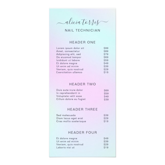 Elegant Beauty Salon Holography Pris List Reklamkort (Framsidan)