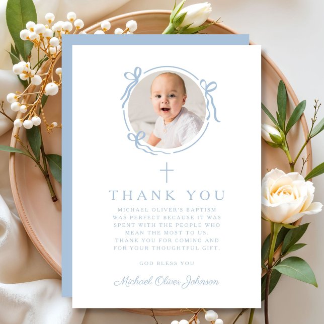 Elegant Bebis Blå Religiöst Kors Dop Tack Kort (Elegant Baby Blue Religious Cross Baptism Thank You Card)