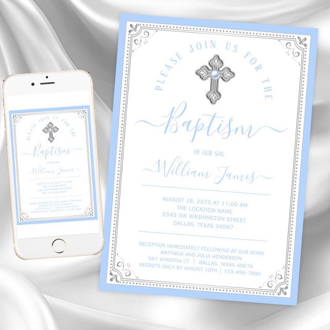 Elegant Bebis Blå Silver Pojke Dop Inbjudningar (Baby blue silver cross baptism invitation. Instant download and printed invitations available.)