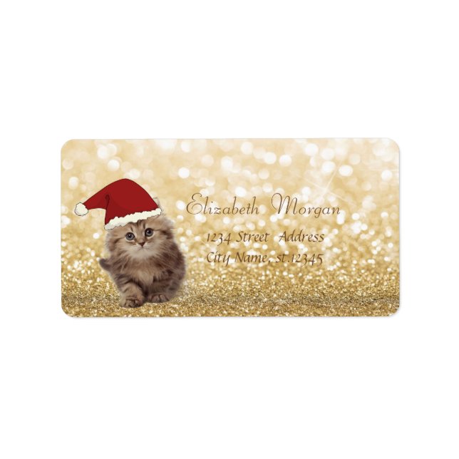 Elegant, bedårande katt med jultomteluva, glitterb adressetikett (Framsidan)