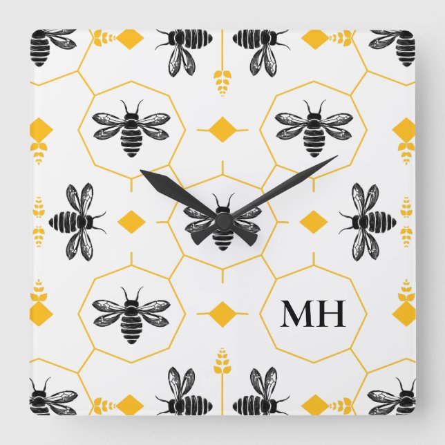 Elegant Bee Mönster Black Monogram Gult Modern Fyrkantig Klocka (Framsida)