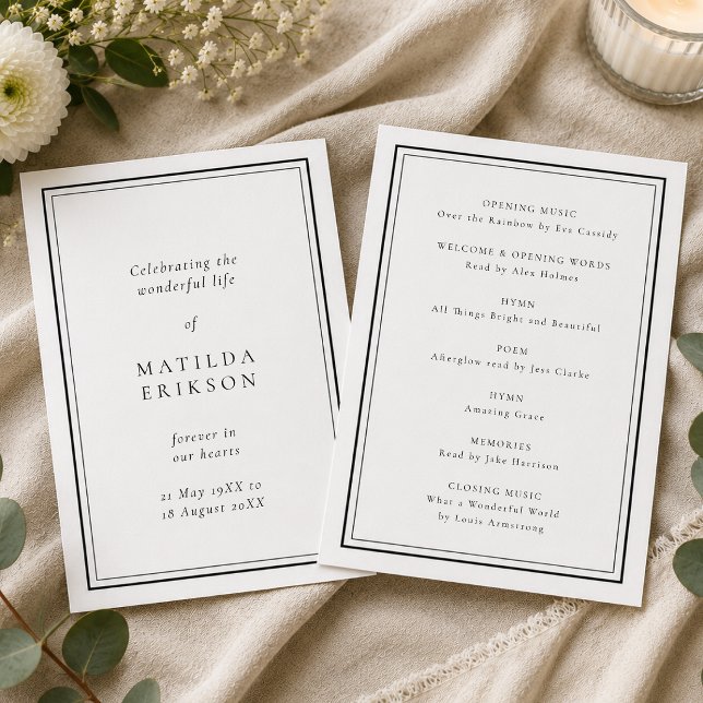 Elegant begravning | Klassisk ordning för ceremoni Program (Personalized funeral program with classic border for memorial order of service details.)