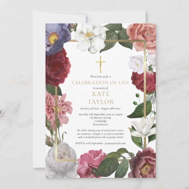 Elegant begravningsfirande av livets rosblomma  inbjudningar (Framsida)