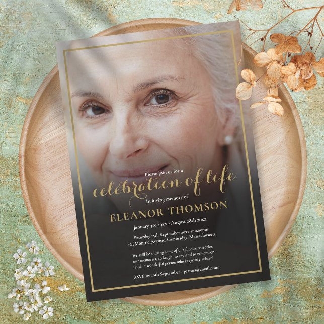 Elegant begravningsfoto firande av livet inbjudningar (Elegant Funeral Photo Celebration of Life Invitation)