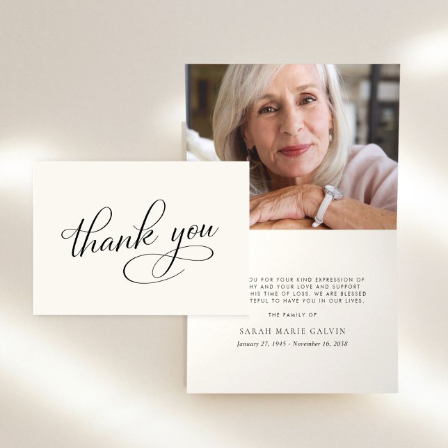 Elegant Begravningsminnes Foto Kräm Tack Kort (Elegant Funeral Memorial Photo Cream Thank You Card)