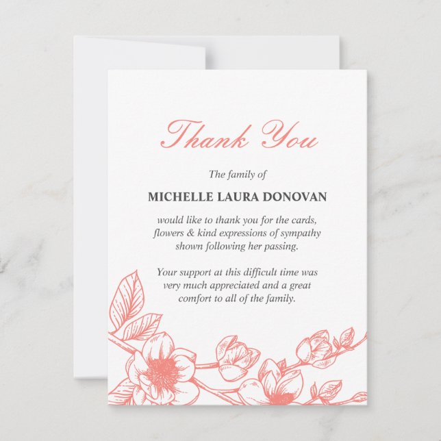 Elegant Begravt Tackkort| Coral Magnolia Tack Kort (Framsida)