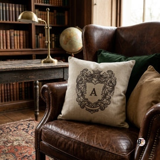 Elegant Beig Heraldisk Monogram-krön Kudde