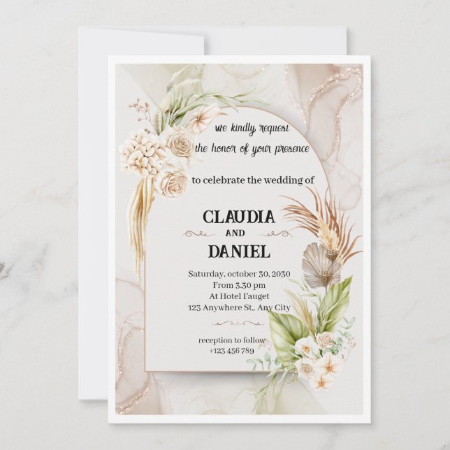 Elegant Beige Akvarell Blommig Bröllopsinbjudan Inbjudningar (Framsida)