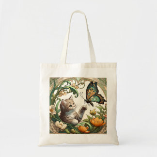 Elegant Beige Art nouveau Kitten och Butterfly Tygkasse