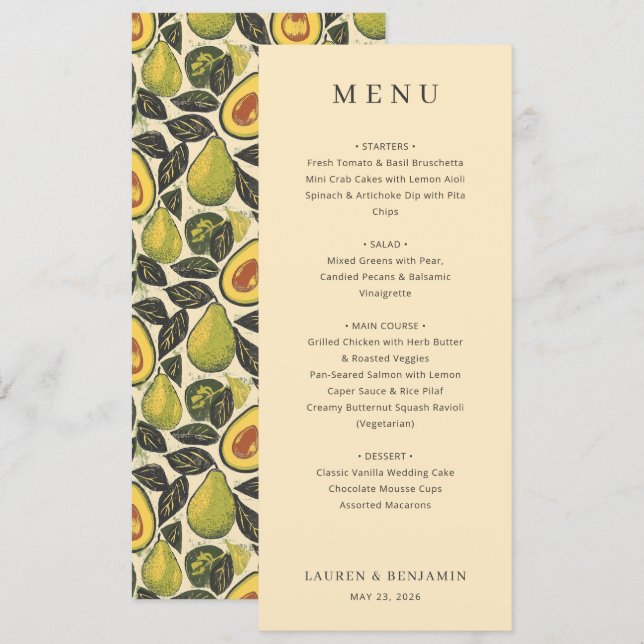 Elegant Beige Avocadillustration Meny (Fram/baksida)
