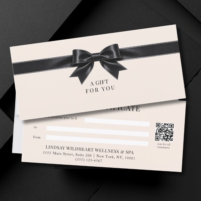 Elegant Beige Båge QR-kod Presentkort (Elegant Beige Black Bow QR Code Gift Certificate)