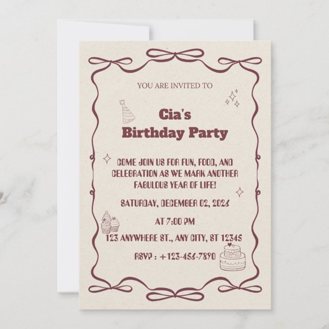"Elegant Beige Birthday Party Invite" Inbjudningar (Framsida)