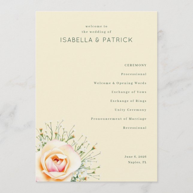 Elegant Beige Blommig Bröllop Program (Framsida)