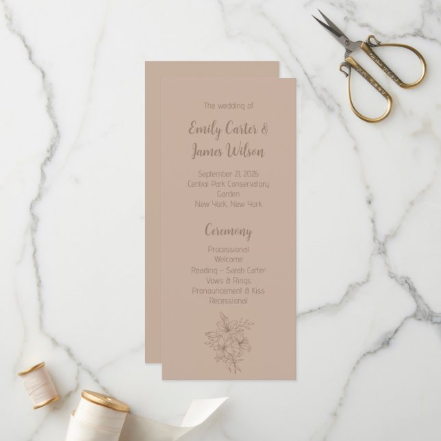 Elegant Beige Blommig Bröllop Program (Fram/Back In Situ)