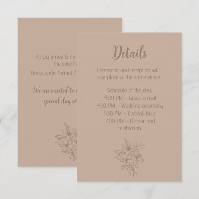Elegant Beige Blommig Bröllop Tilläggskort (Fram/baksida)
