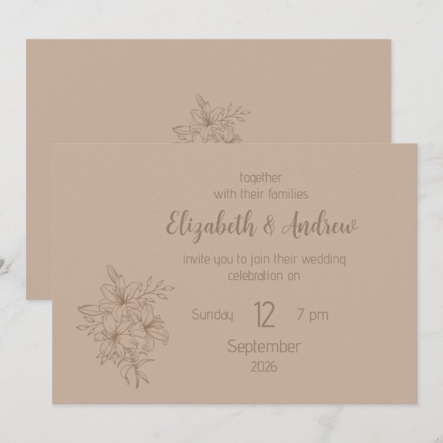Elegant Beige Blommig Bröllopsinbjudan Inbjudningar (Fram/baksida)