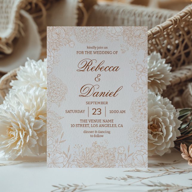 Elegant Beige Blommig Linjekonst Bröllop Minimal  Inbjudningar (Skapare uppladdad)