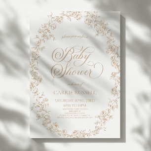 Elegant Beige Blommiga Rosor Linje Konst Bebis Bad Inbjudningar