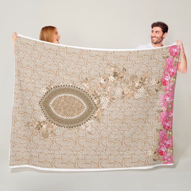 Elegant Beige Blommigt Medallion Fleece Blanket (På plats)